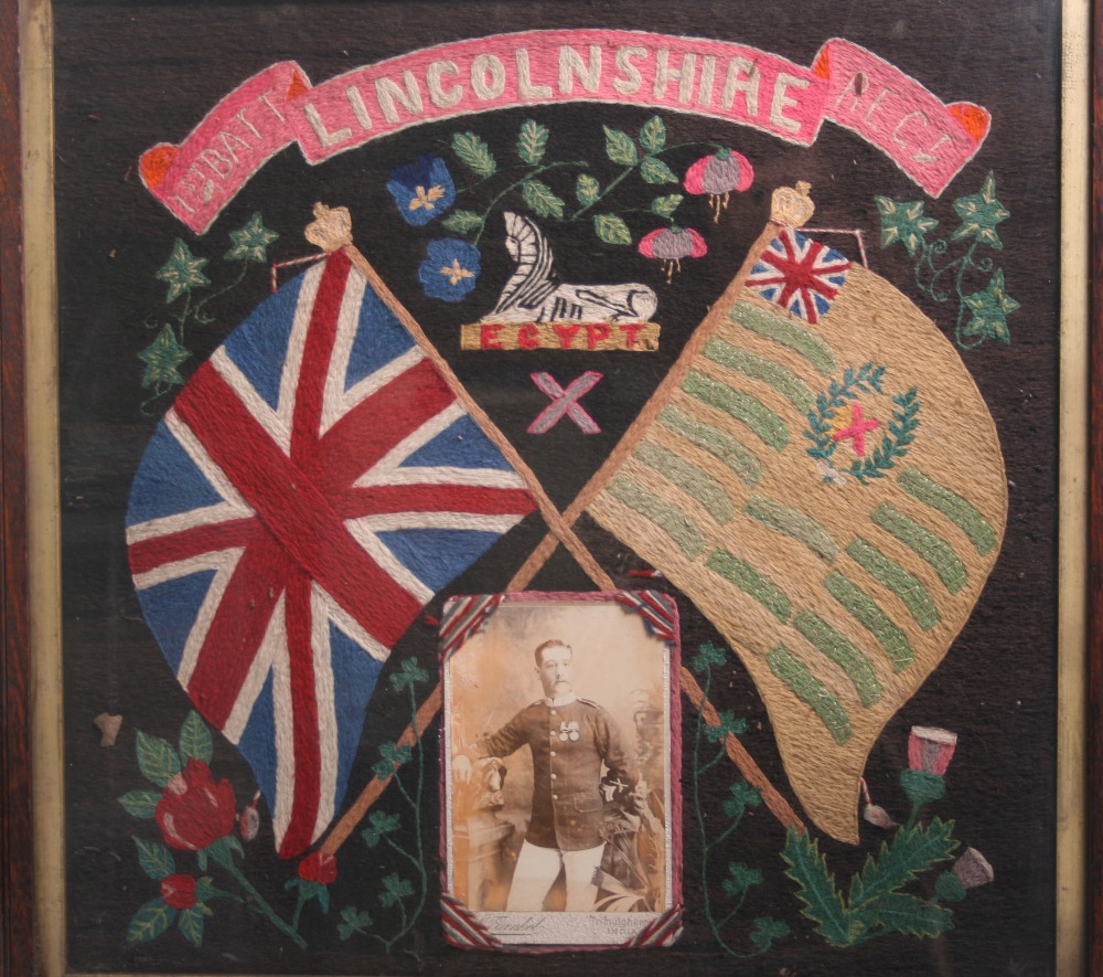 1st Battalion Lincolnshire Regiment Embroidered Tapestry with crossed union and regimental flags - Image 2 of 2