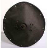 Ethiopian Dome-Shaped Circular Leather Shield, 21.5" diameter, sewn leather grip, outside with bands