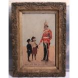 Painting of a British Officer with his children, showing the officer in full dress uniform with