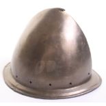 Late 16th Century Italian Helmet Cabaset, forged from a single plate. Tall skull with pear stalk