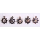 Five Kings Crown Sterling Silver Senior Officers Cap Badges, all with blue enamel, Cumberland &