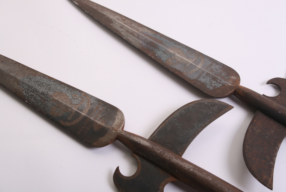 Pair of 19th Century Sheriffs Halberds, top blades etched with crest of demi lion supporting a - Image 2 of 3