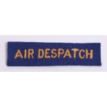 Royal Army Service Corps Air Despatch Title, blue rectangle with yellow embroidered lettering.