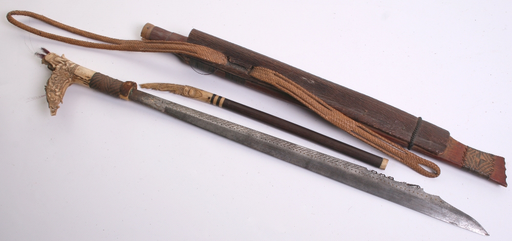 Borneo Head Hunter's Sword Mandau, 20th century, blade inlaid with long row of brass S-shaped - Image 4 of 5