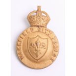 Wakefield City Police Helmet Badge, gilt metal, oval, Kings crown, coat of arms centre, complete