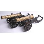 Pair of 20th Century Decorative Model Cannons, brass barrels 11" with reinforcing rings, applied