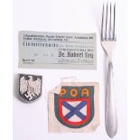 Small Grouping of Third Reich Items consisting of Afrika Korps metal helmet decal (two of the