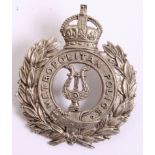 Metropolitan Police Bandsman's Cap Badge, Kings crown, white metal wreath, bandsman's lyre