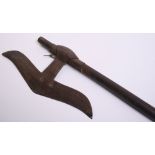 Indian Axe From Chota Nagpur, moustache-shaped blade 10.25" on its original wooden shaft, 19th