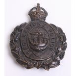 Folkestone Police Helmet Badge, black  wreath, Kings crown, complete with three lug fittings on