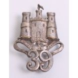 Officers 39th (Dorsetshire) Silvered Glengarry Badge with two lug fittings on the reverse. Badge