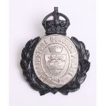 Maidstone Borough Police Helmet Badge, black wreath, white metal centre, Kings crown, coat of arms