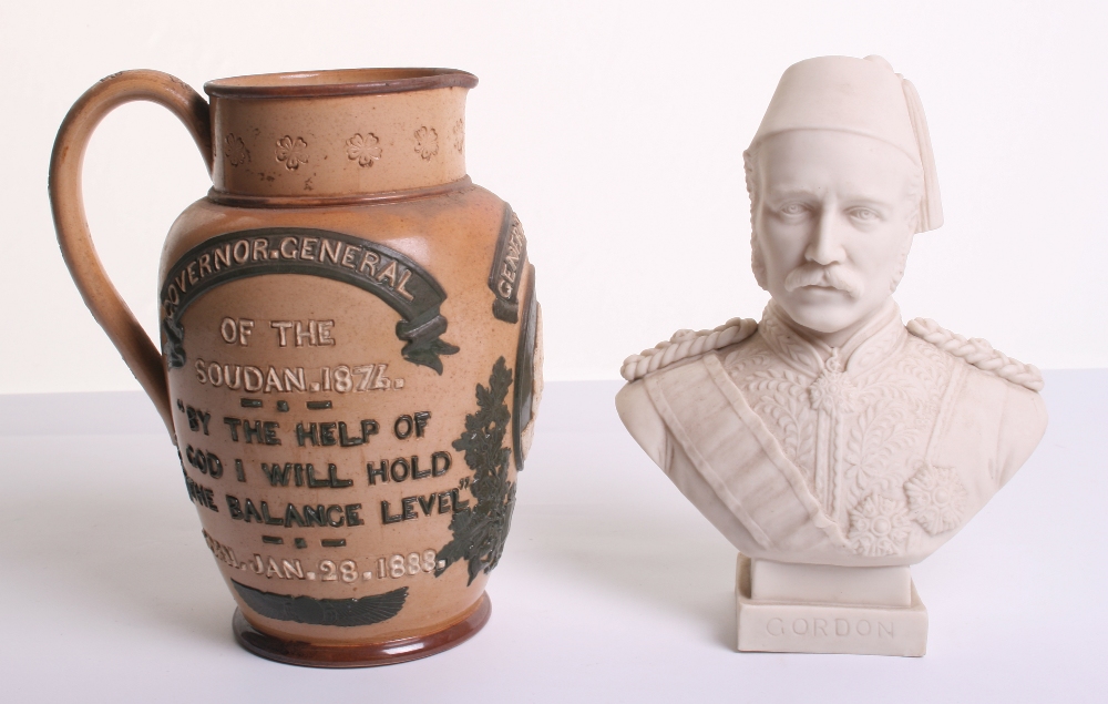 General Gordon Memorial Doulton Lambeth Stoneware Jug, with image in white of General Gordon, and