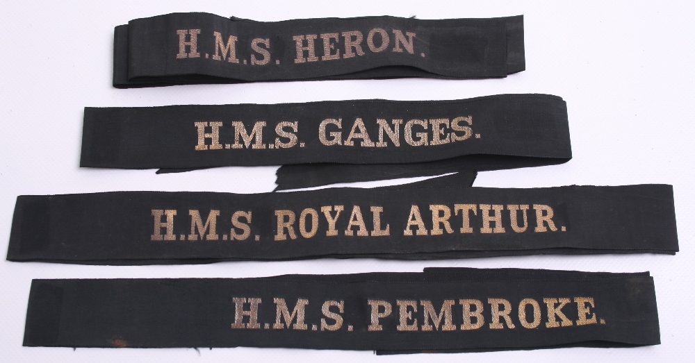 Four WW2 Royal Navy Cap Tallies consisting of HMS ROYAL ARTHUR, HMS PEMBROKE, HMS GANGES and HMS