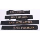 Four WW2 Royal Navy Cap Tallies consisting of HMS ROYAL ARTHUR, HMS PEMBROKE, HMS GANGES and HMS