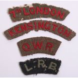 Selection of WW1 London Regiment Cloth Shoulder Titles, consisting of embroidered red lettering on