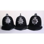 Three Obsolete Police Helmets, Queens Crown Dorset Police Cox Comb helmet, Queens Crown Devon &