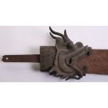 The Head of a Chinese Polearm, glaive-shaped blade 27" emanating from the mouth of a brass dragon,