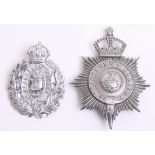 Two Blackburn Police Helmet Plates, Kings crown chrome wreath, complete with two lug fittings on the
