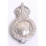 Borough of Kendal Police Helmet Badge, white metal garter, Kings crown, coat of arms centre,