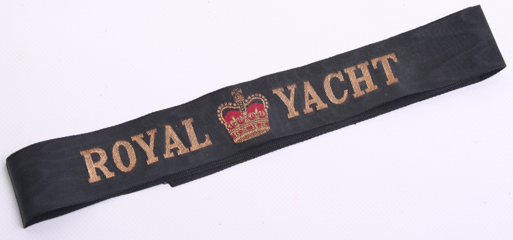 EIIR Royal Yacht Cap Tally gold wire embroidered on black ribbon. Full length tally. Some sticker