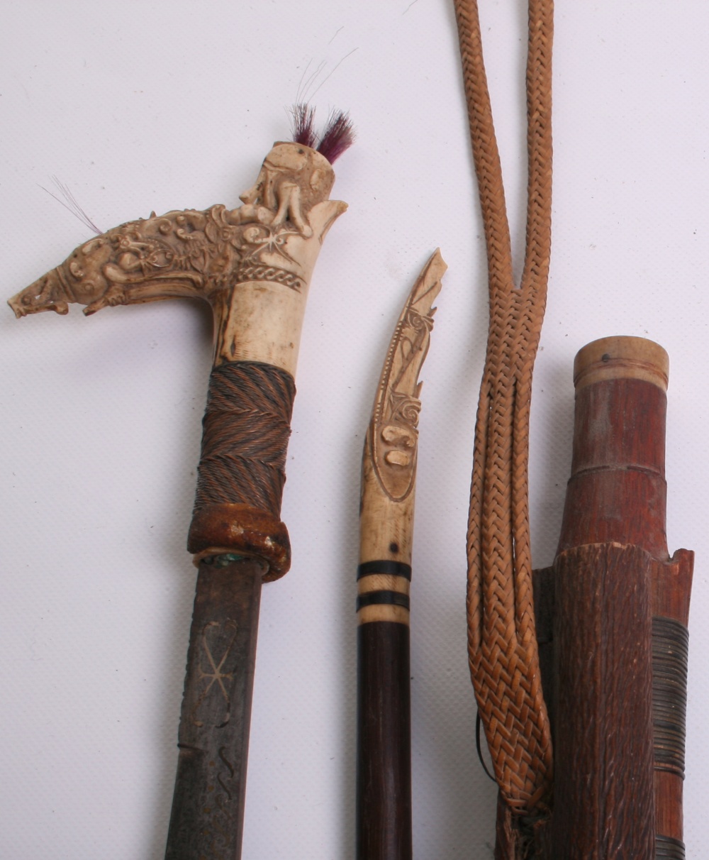 Borneo Head Hunter's Sword Mandau, 20th century, blade inlaid with long row of brass S-shaped - Image 2 of 5