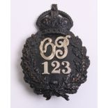 Oxford City Police Helmet Badge, black  wreath, Kings crown, white metal ‘O P 123' centre,