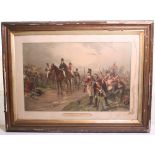 Large Battle of Waterloo Framed Print depicting Lord Wellington on horseback with soldiers around.