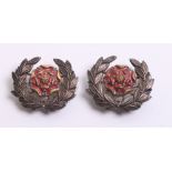 Post 1881 Hampshire Militia Officers Collar Badges, silvered wreath with red enamel rose to the