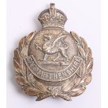 Carmarthenshire Police Helmet Badge, white metal wreath, Kings crown, complete with three lug