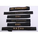 WW2 Royal Navy Cap Tallies including WRNS service, HMTBD, HM DESTROYER, 2x HMS and a painted HM