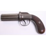 Percussion Pepperbox Revolver, 8.5" overall, fluted 6 shot barrel Birmingham proved, self-cocking