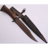 19th Century Hunting knife, clipped back blade 9", thick recurved iron crosspiece, iron mounted