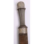 Tibetan Sword, single edge blade 24.75" engraved nickel pommel and wire-bound grip, in its brown