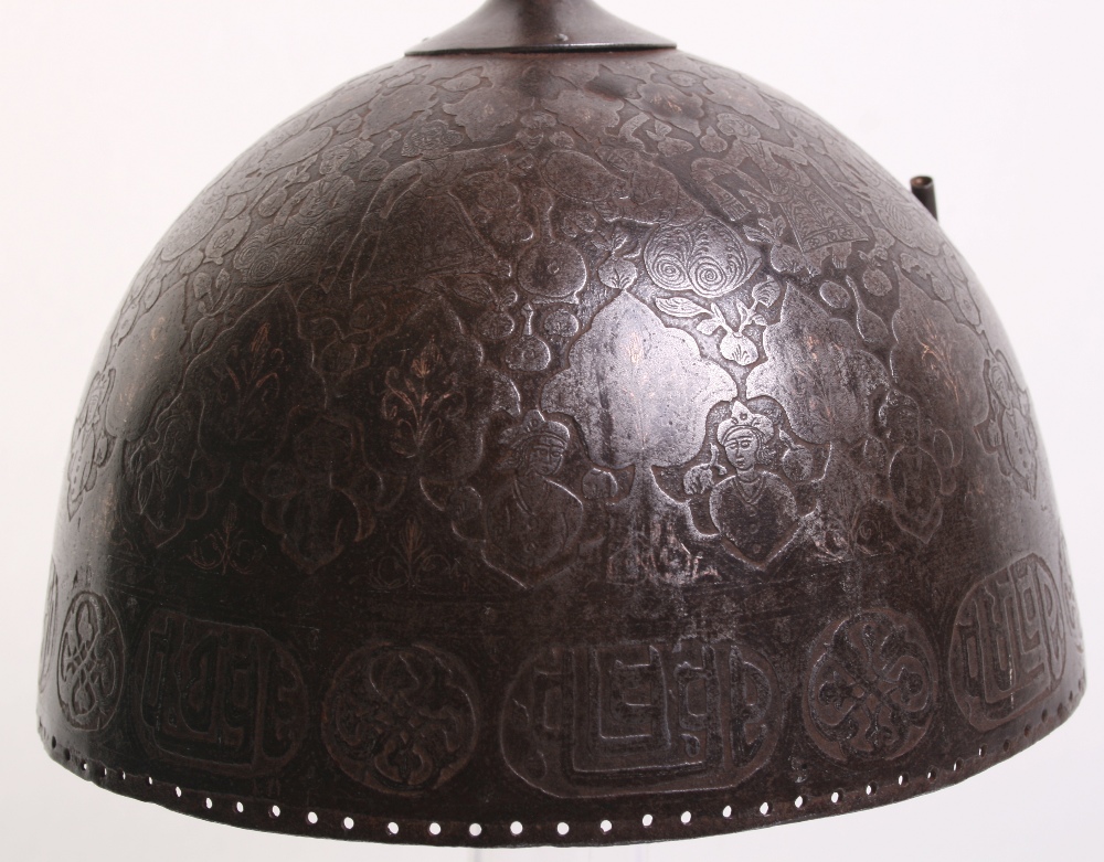 Persian Qajar 19th century helmet Khula Khud, one piece bowl etched overall with scenes of courtly - Image 4 of 4