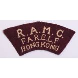 Scarce RAMC FARELF Hong Kong Cloth Shoulder Title, white lettering on maroon backing cloth. Some