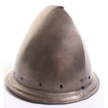 Late 16th Century Italian Helmet Cabaset, forged from a single plate. Tall skull with pear stalk