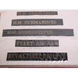 Selection of Royal Navy Cap Tallies including HM SUBMARINE, HM MINESWEEPER (WW2 period with full