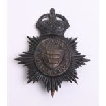 Dover Police Force Helmet Badge, black star, Kings crown, coat of arms centre, complete with two lug