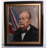 Oil on Board Painting of Sir Winston Churchill smoking a cigar with a union flag flying behind