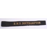 Royal Navy HMS Southampton Cap Tally gold wire embroidered on black ribbon. WW2 period example
