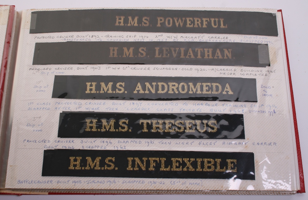 Selection of Royal Navy Cap Tallies including HMS LION, HMS NELSON, HMS LEVIATHAN (full stop after