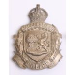 Macclesfield Police Helmet Plate, wreath, white metal, kings crown, complete with two lug fittings