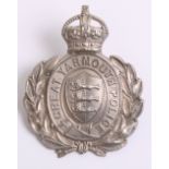 Great Yarmouth Police Helmet Plate, white metal wreath, Kings crown, complete with two lug