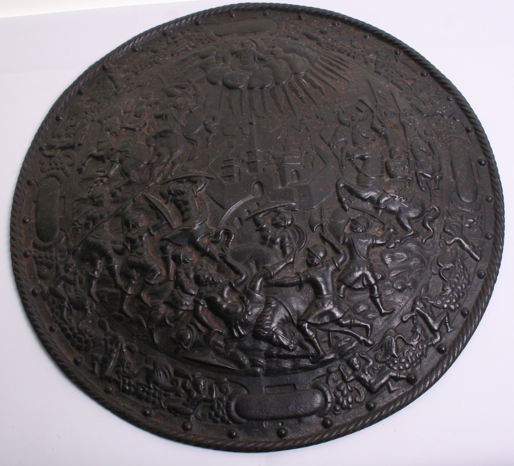 Decorative Cast Iron Circular Shield in Renaissance Style, 21" diameter, relief battle scene