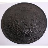 Decorative Cast Iron Circular Shield in Renaissance Style, 21" diameter, relief battle scene