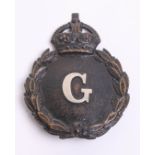 Gloucestershire Constabulary Helmet Badge, black wreath, Kings crown, ‘G' white metal centre,