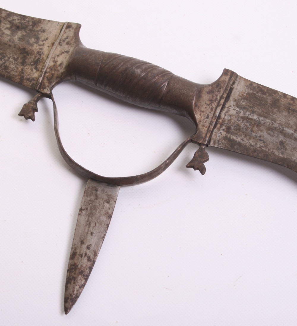 Indian Twin Bladed Weapon Haladie, 19th century, 27.75" overall, recurved blades, roped steel grips, - Image 2 of 2