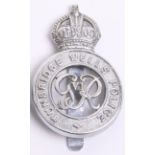 Tunbridge Wells Police Cap Badge, Kings crown, chrome, George 6th with slider fitting on reverse