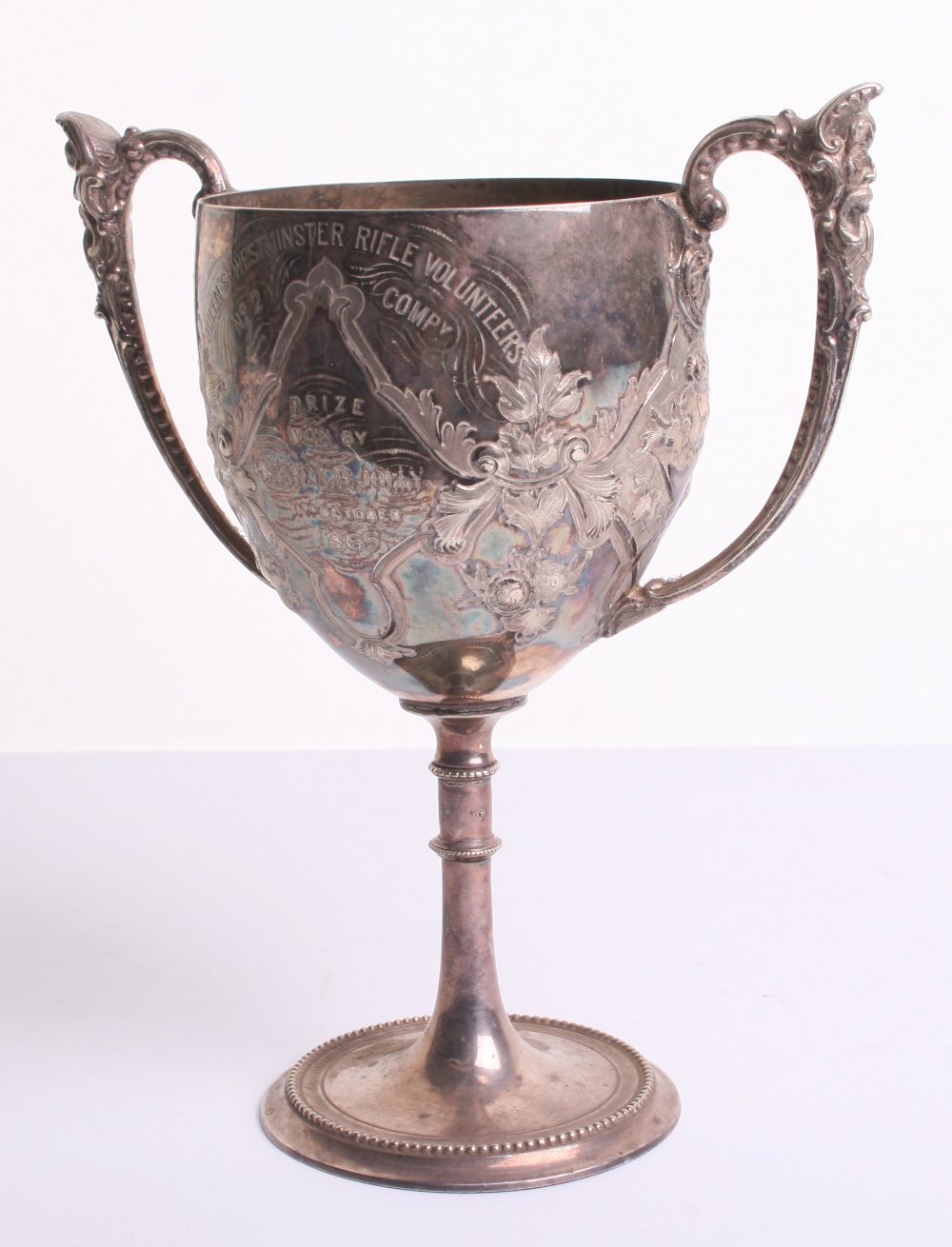 Queens Westminster Rifle Volunteers Trophy Cup of silver plate with fine quality raised floral